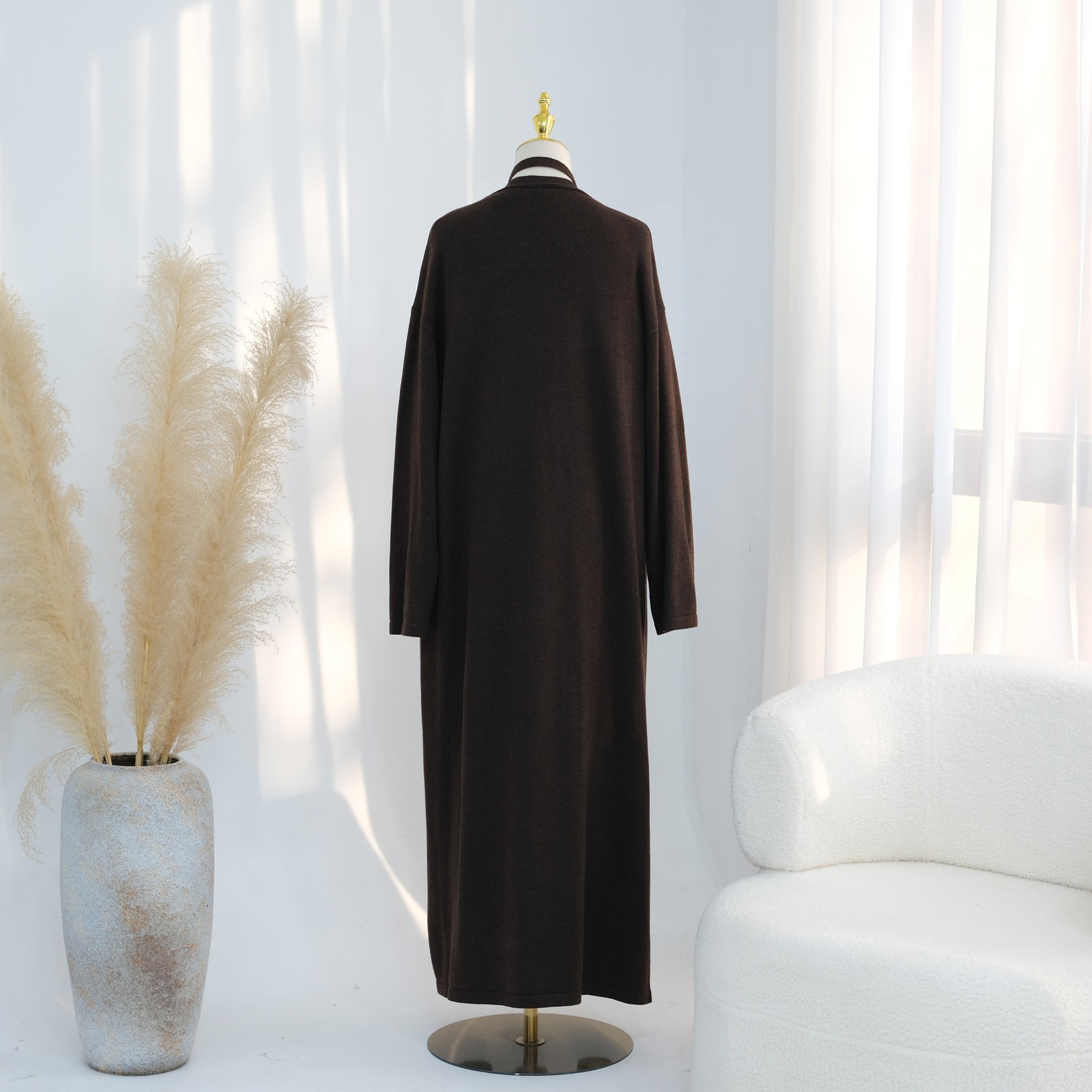 Muslim Robe Set Women Gown Autumn Winter Knitted Kimono Cardigan Tops Skirt 3Pcs