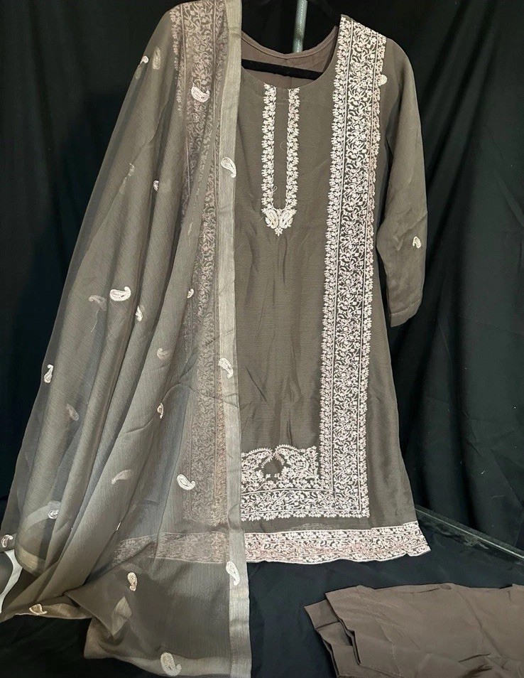 Chiffon 3 Pc Suit – Embroidered – Tailor Stitched- Medium Size Only – $45