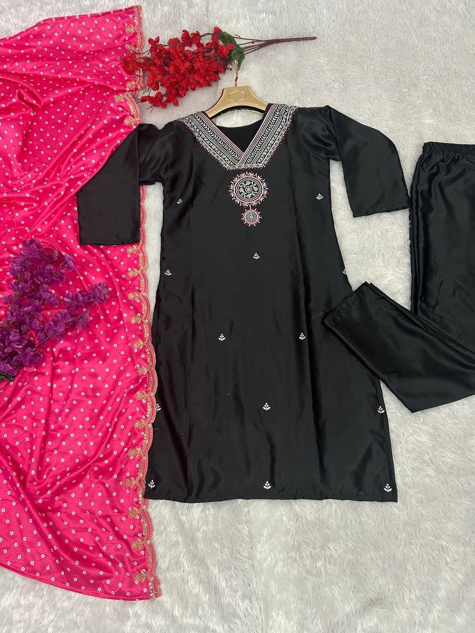 Full Stitched Pure Malai Satin Silk Indian Designer Kurti Bottom & Dupatta DH-A