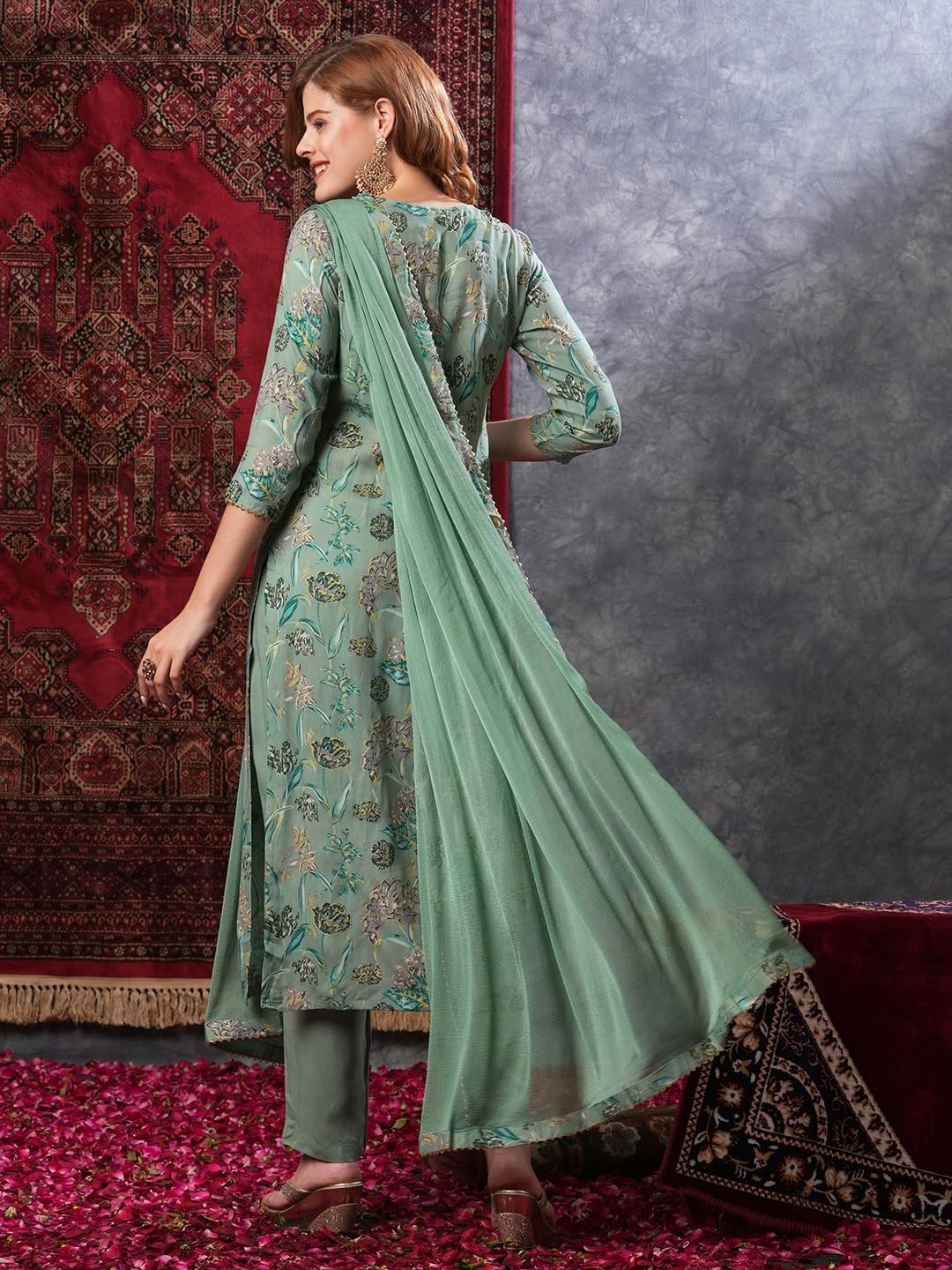 Women’s Rayon Blend Printed Straight Kurta with Pant & Dupatta