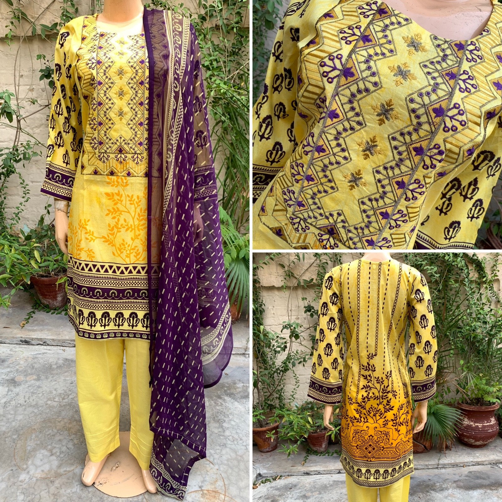Pakistani Yellow Printed Straight Shirt 3-PCS Lawn Suit w/ Threadwork ,S