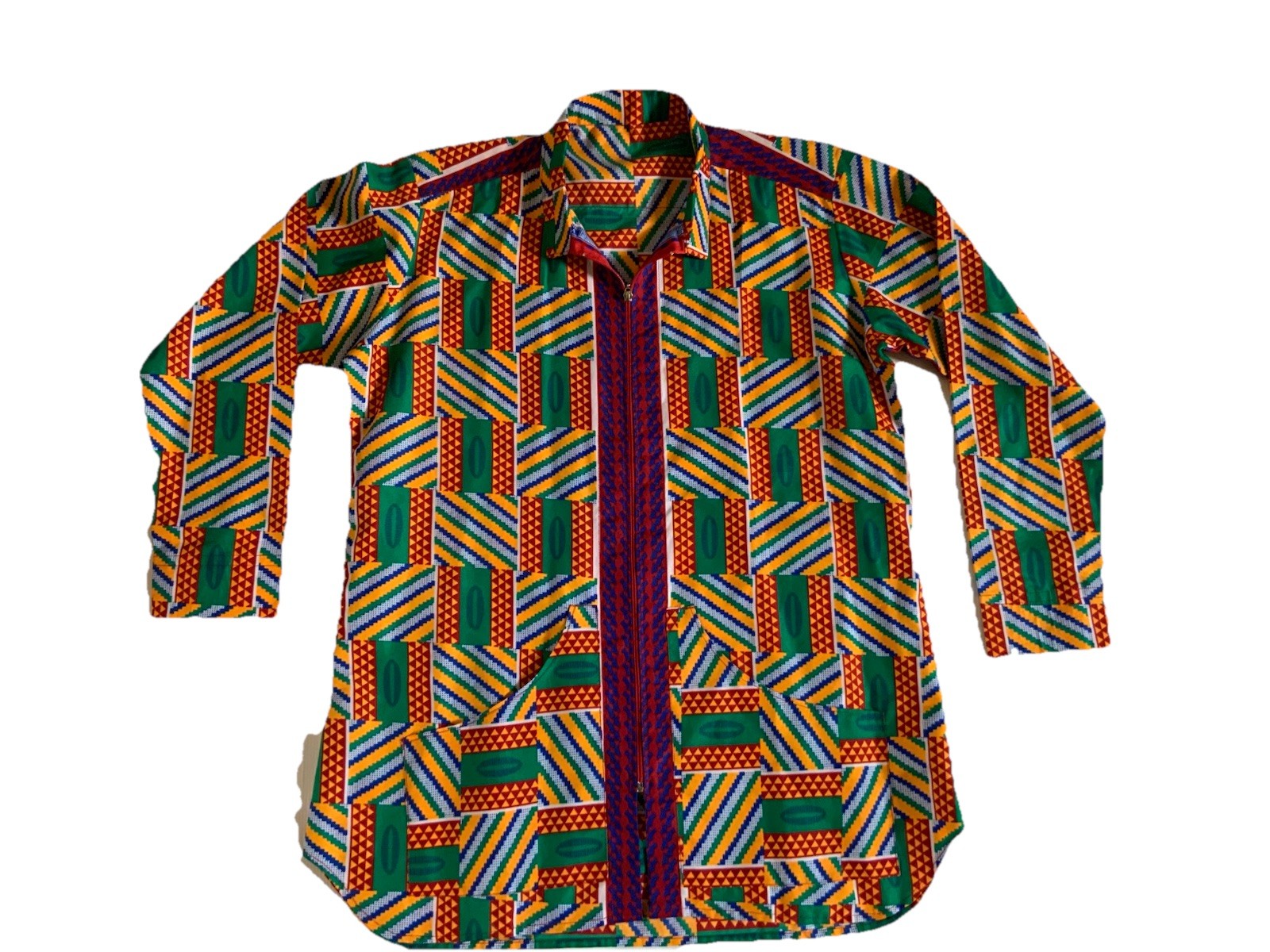 African Shirt Homemade Kenti Print Double Wax Block Aztec Pattern Zipper Front