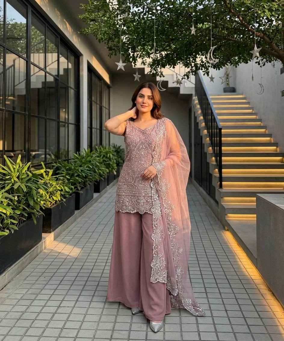 Presenting Star Georgette Pink Top Palazzo With Dupatta For Ethnic Wear