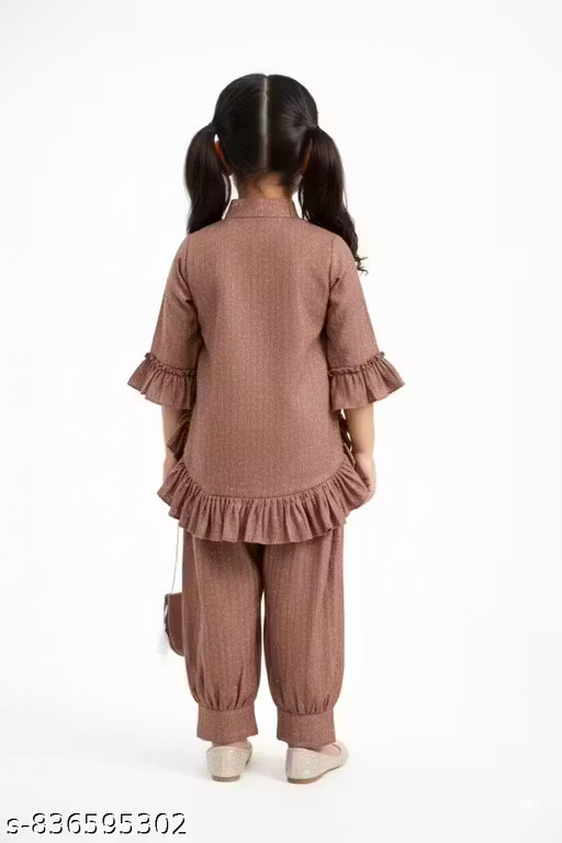 Girls Party Wear Ruffled Top and Balloon Pant Set with Floral Embroidery