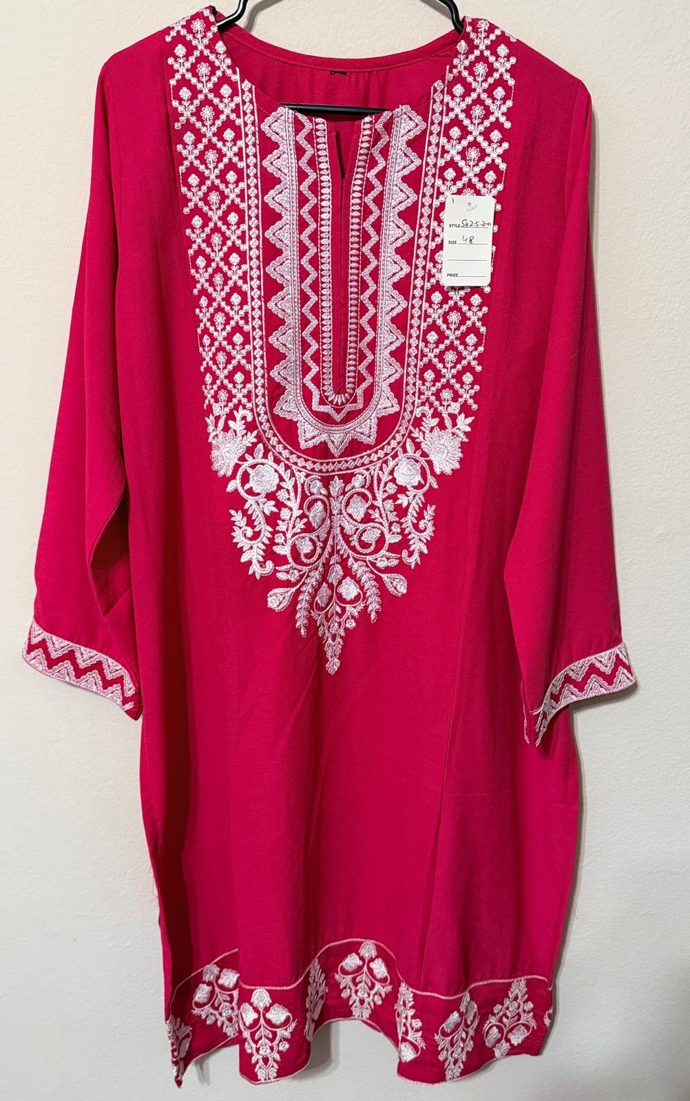 Women’s Embroidered Kurta Long Shirt And Pant Set Hot Pink/White Color Size XXL