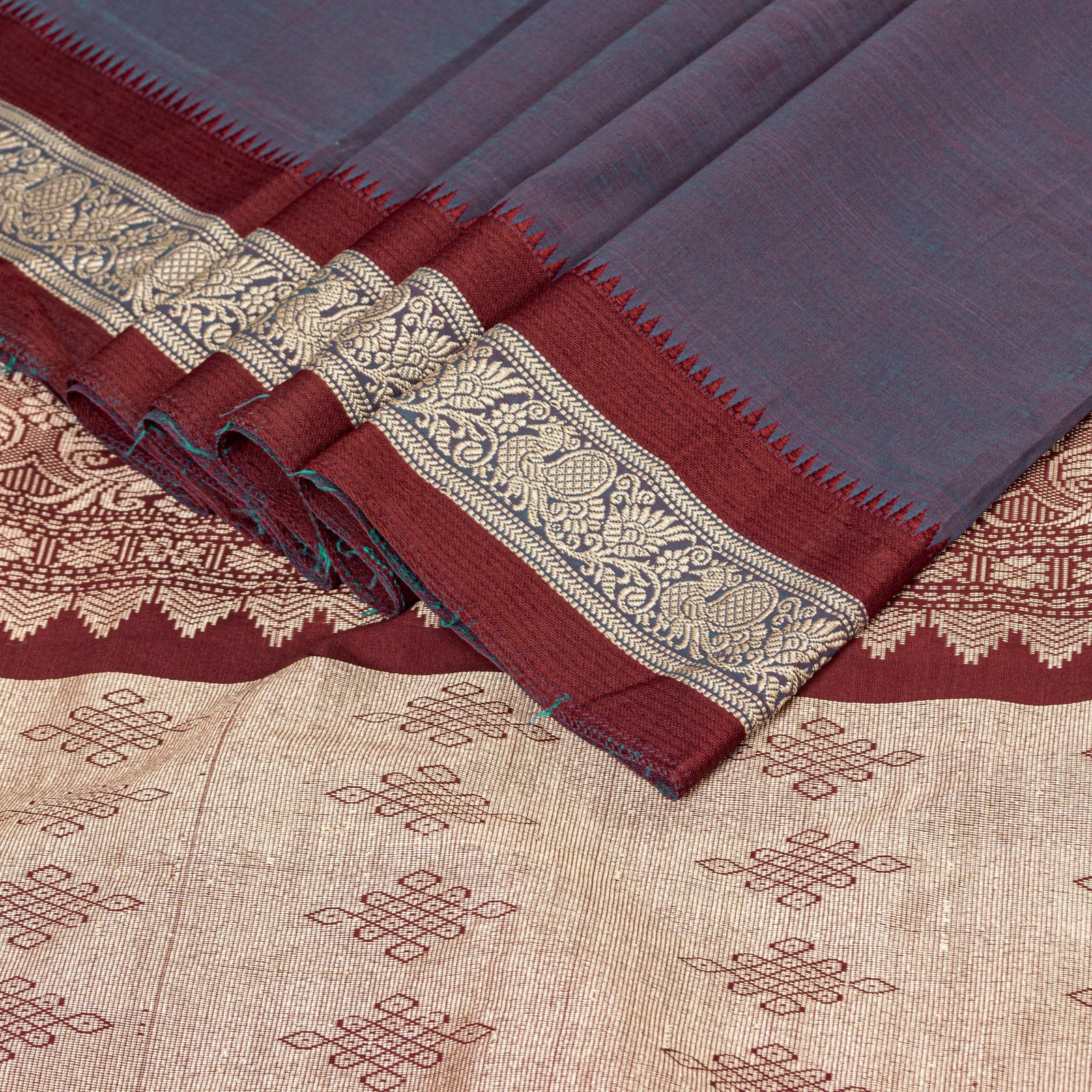 Sanskriti Vintage Gray-Dark Red Sarees Blend Cotton Hand Woven Sari 6+Yd Fabric