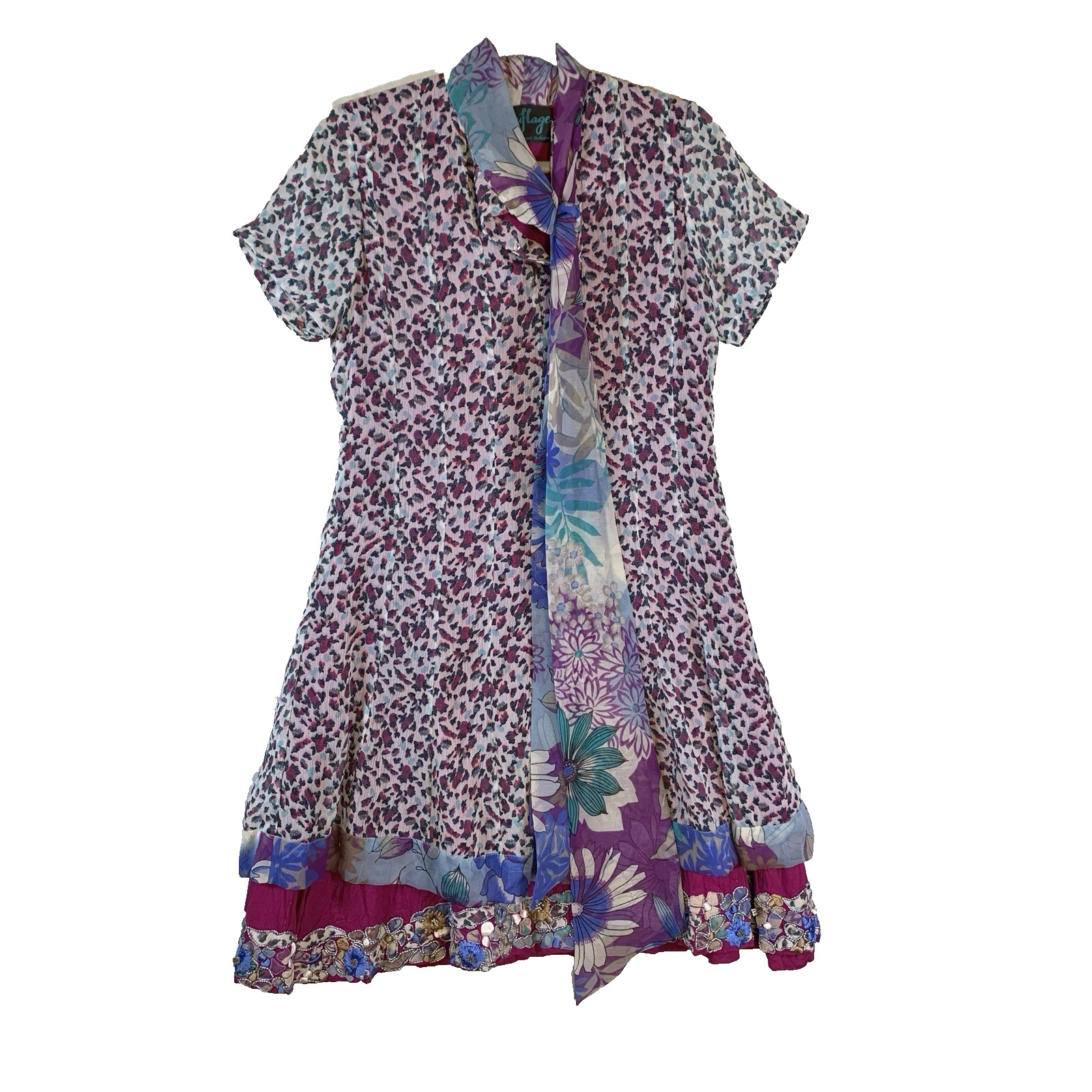 Camouflage Richa Sachdeva Princess Seam Indian Floral Chiffon Dress Scarf Neck S