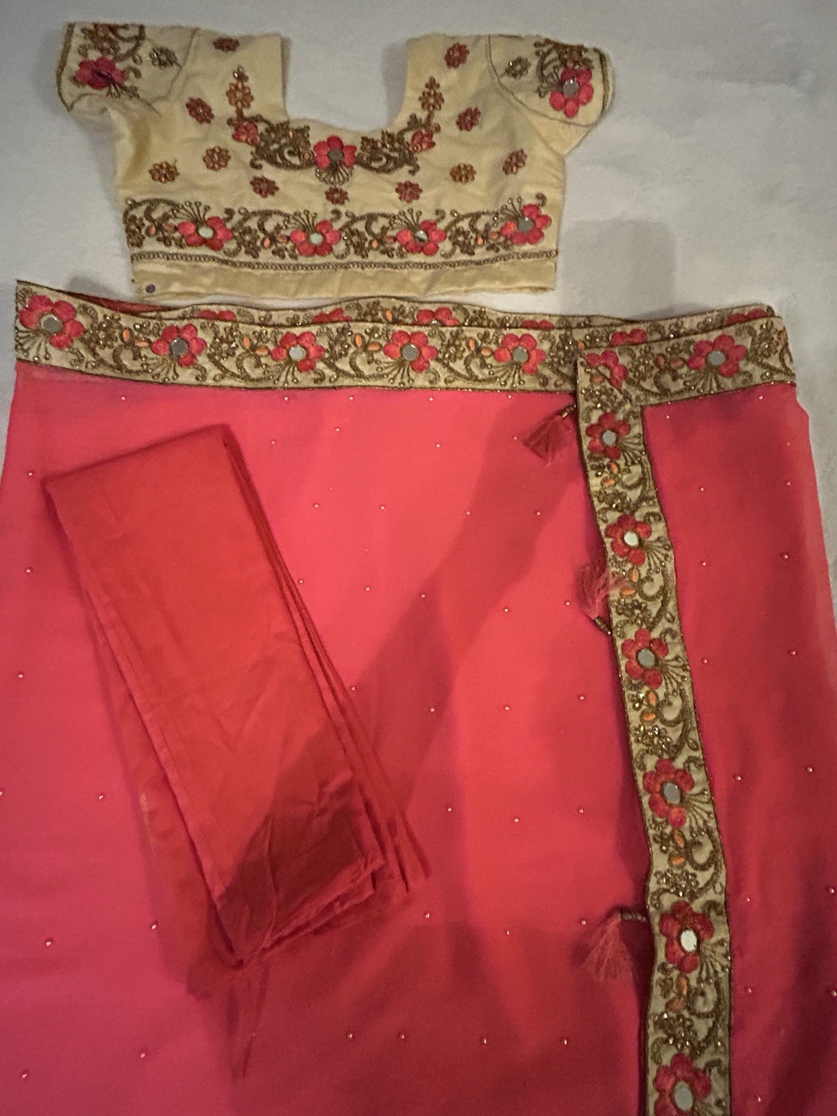 Embellished Indian Wedding Dress With Saree Veil 3 Piece Coral Tan & Gold Gown
