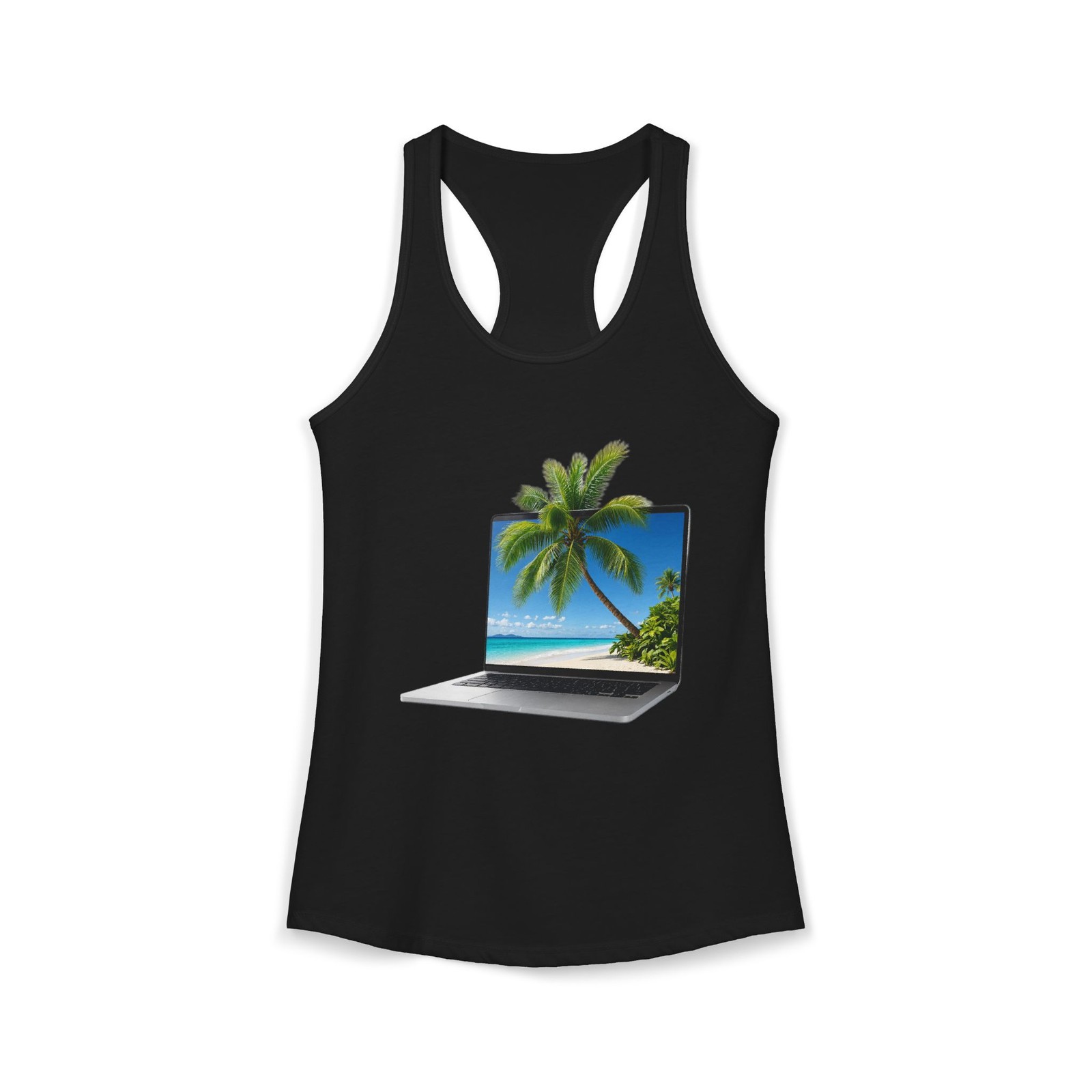 Workation Laptop Palm Tree Racerback Tank Top Womens Made in USA