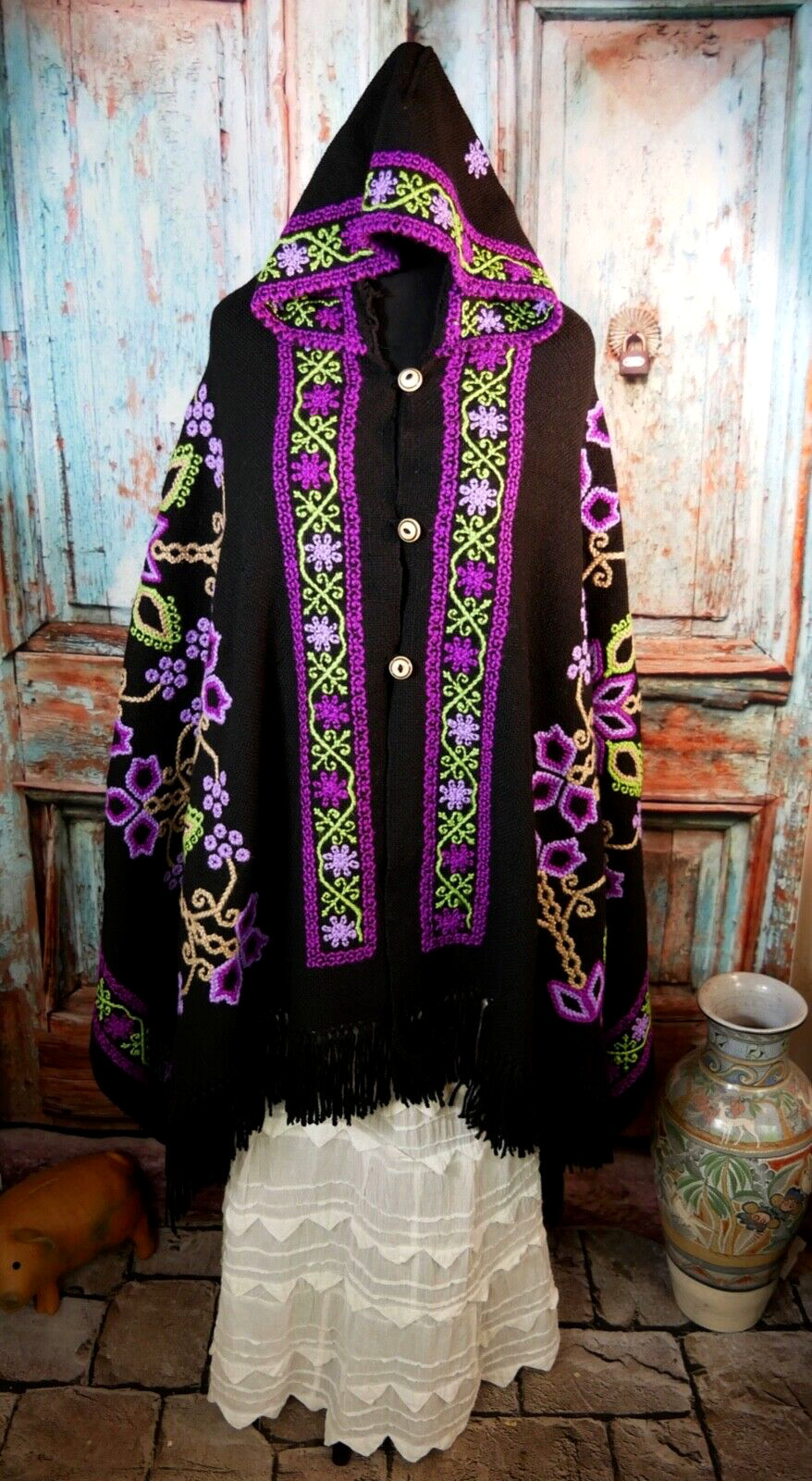 Hooded Poncho Serape Handwoven Hand Embroidered Mazahua Indigenous Mexican Folk