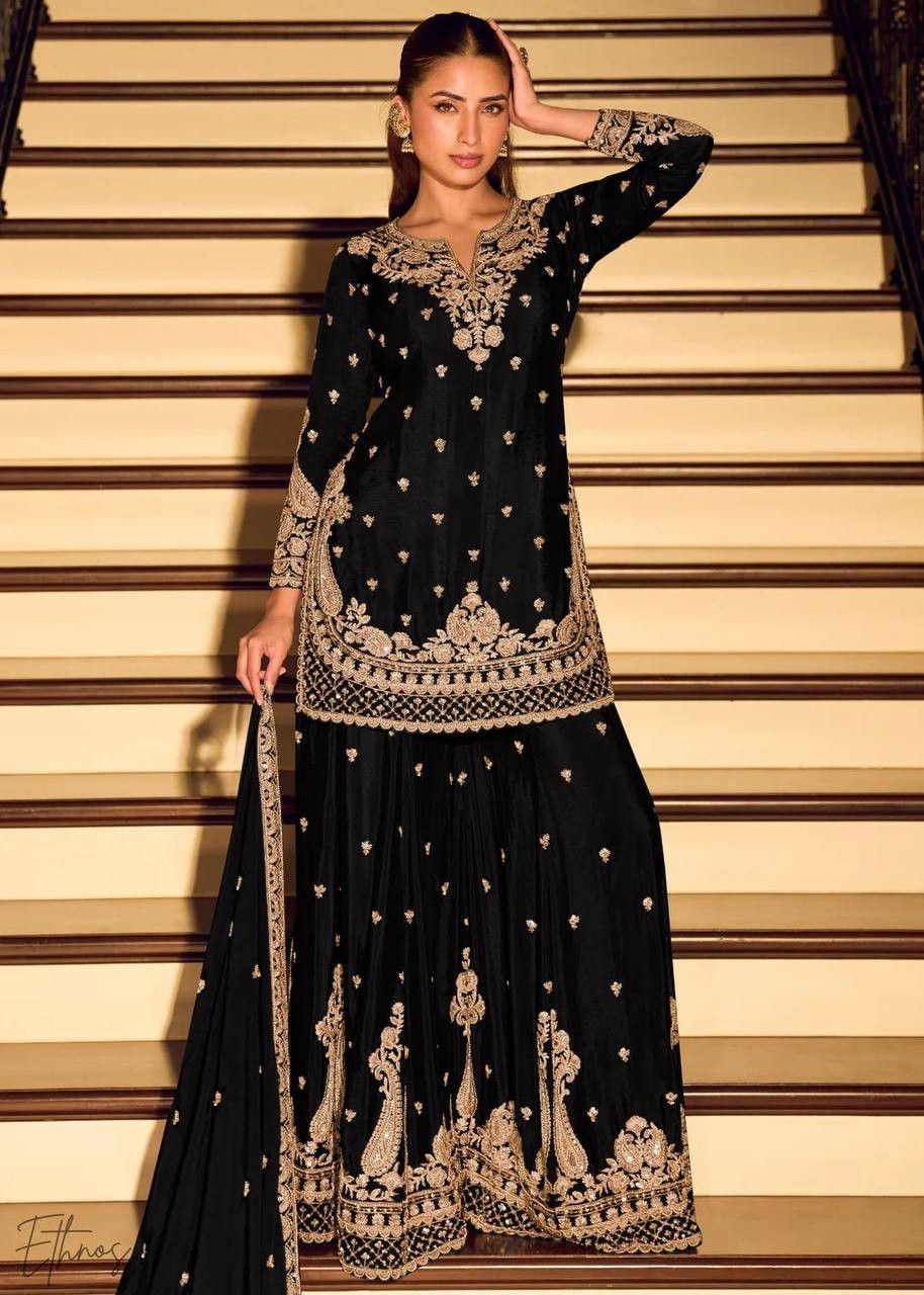 New Launch Black Chinnon Silk Kurta Palazzo With Dupatta For Wedding Wear