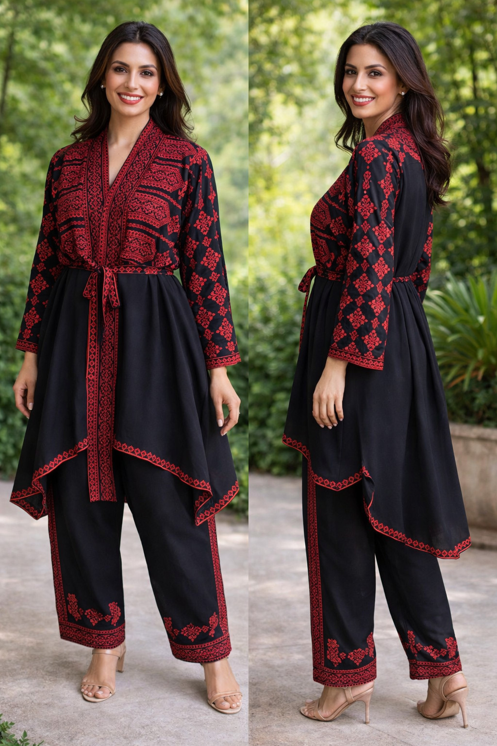 Palestinian Tatreez Embroidery Set – Modern Black & Red Abaya Pant Suit