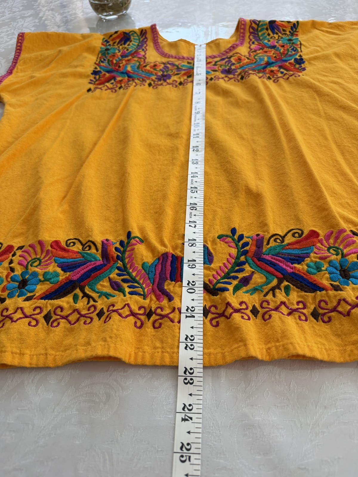 Handmade Mexican Embroidered Huipil Blouse Coral Floral Bird Tunic Boho Oaxaca