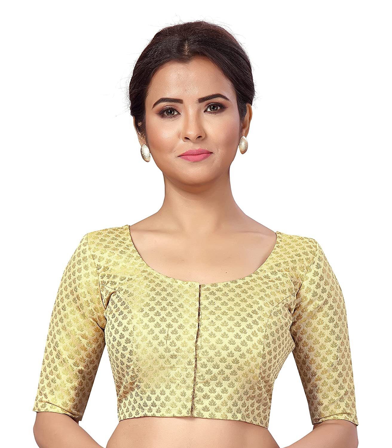 Festival Wedding Special Women’s Brocade Elbow Sleeves Saree Blouse Light Gold