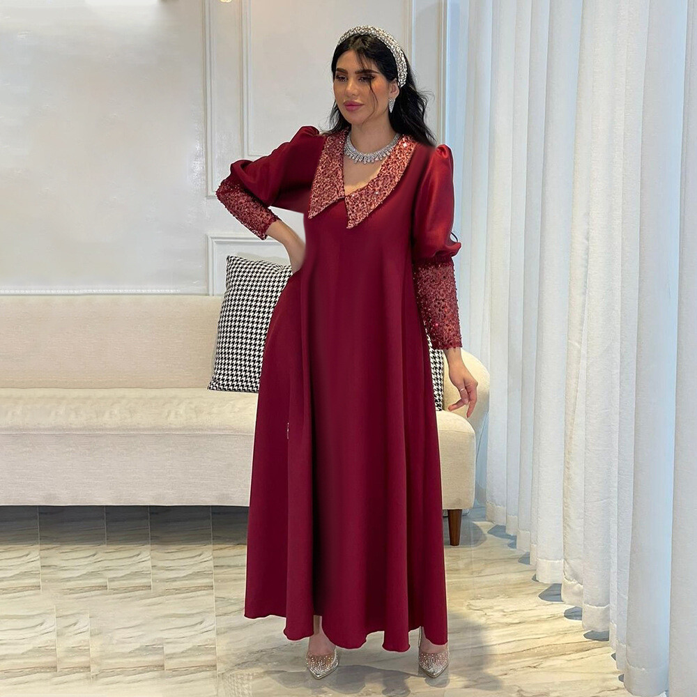 Women Puff Sleeve Sequin Gown Dress Arab Robe Dubai Party Burqa Muslim Abaya