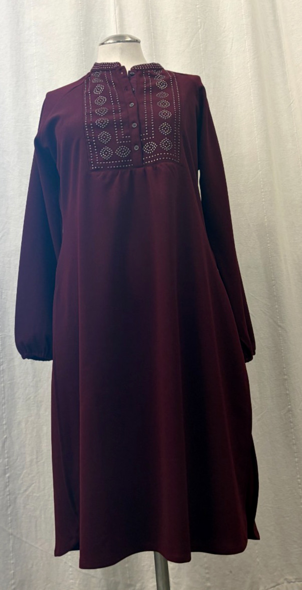 Lakshita Large Kurta Dress Maroon Beadwork Full Length Chambray Tunic Maxi Red