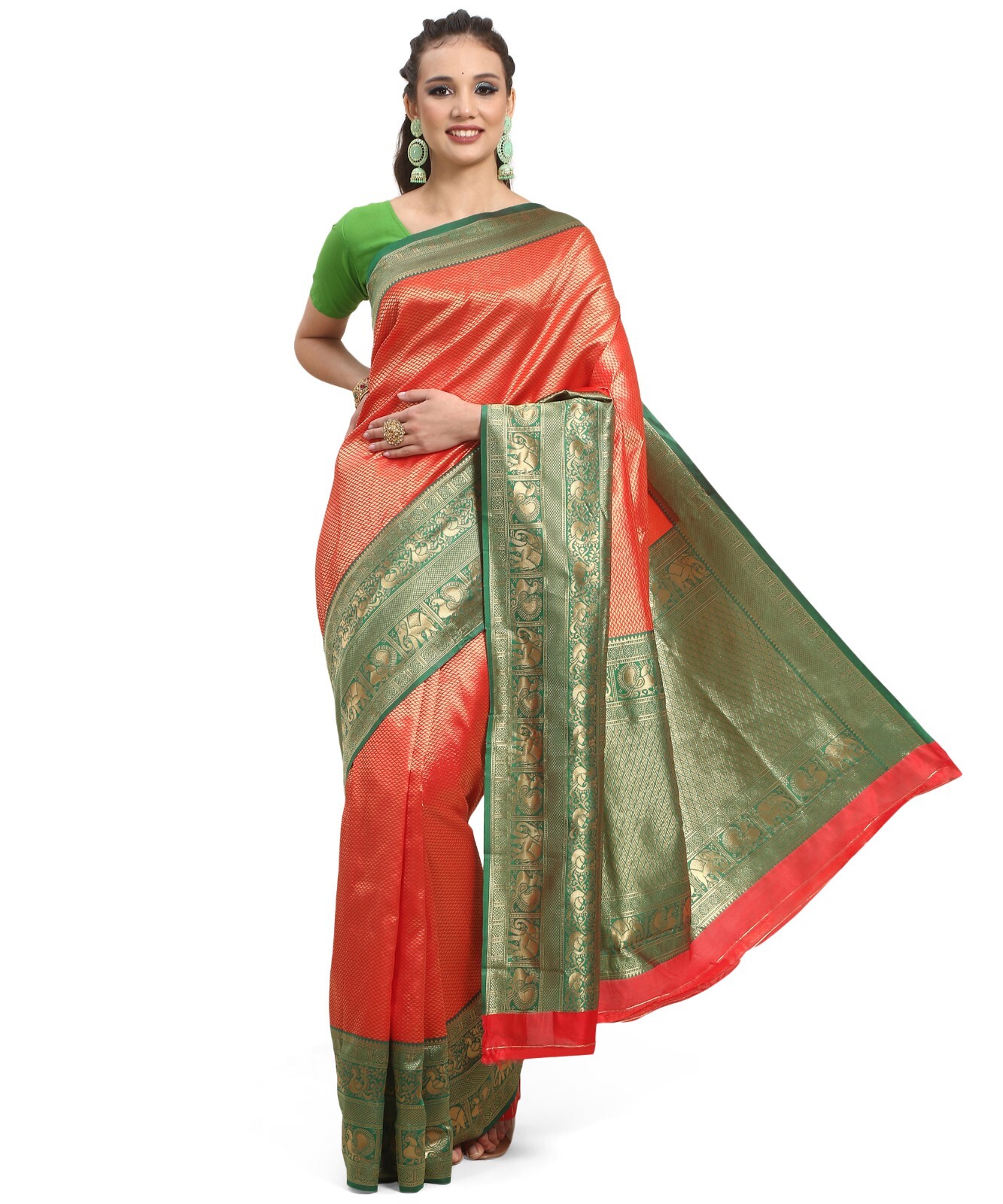 Areca Designer Red Brocade Silk Bunarasi saree blouses women Saree cut-5.5 meter