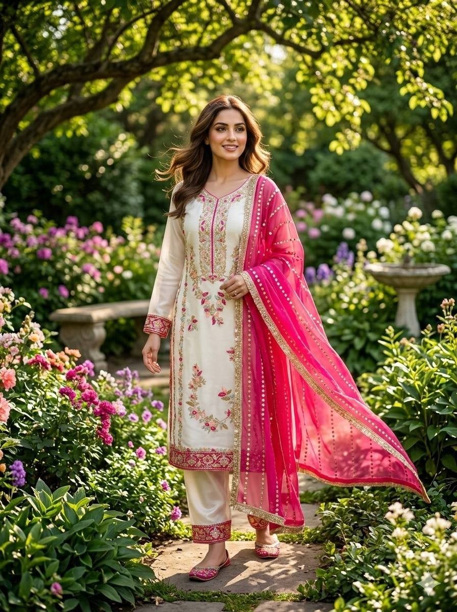 Designer Gmy Silk White Salwar Kameez With Pink Dupatta For Reception
