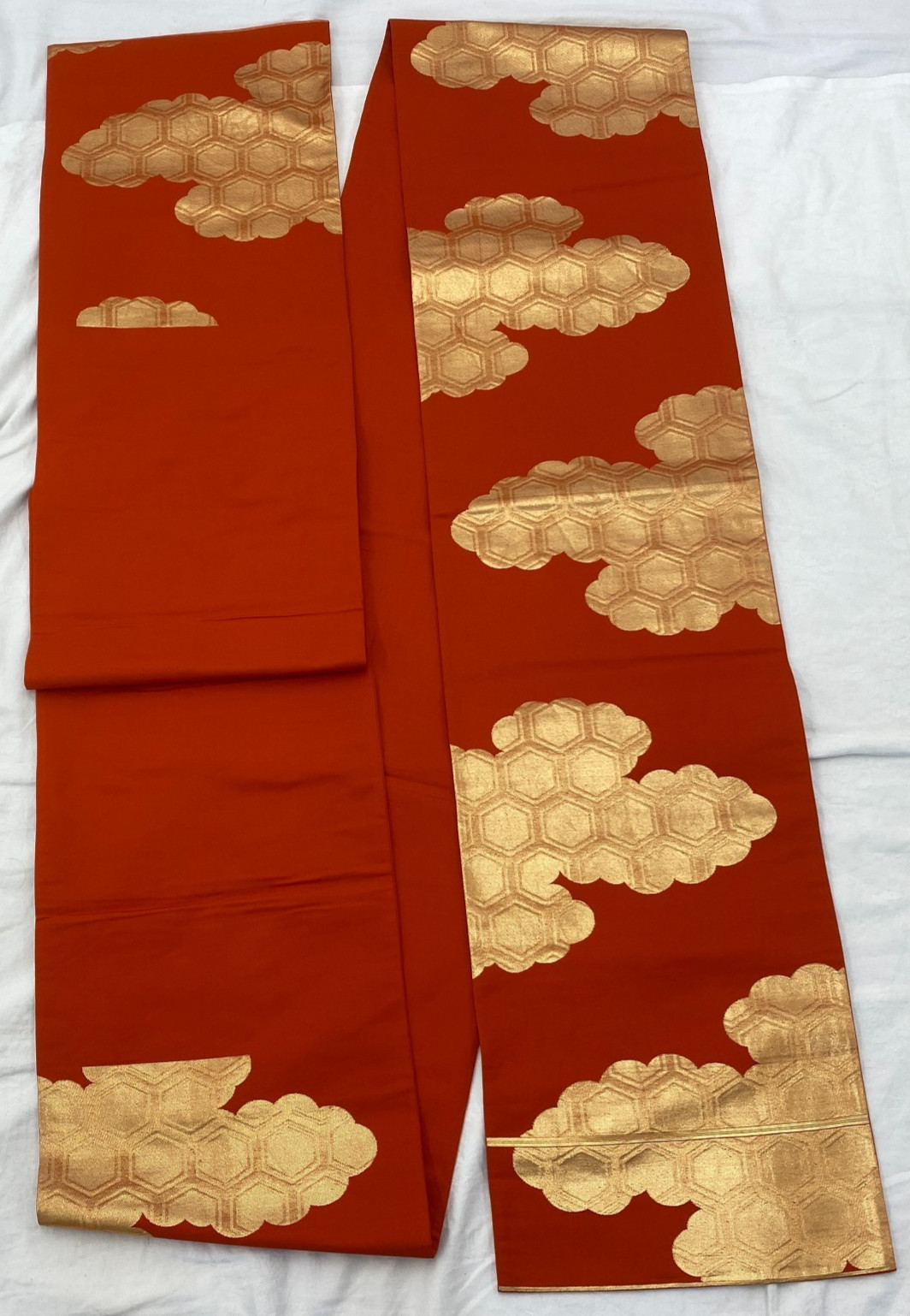 Japanese Vintage Kimono Fukuro Obi Silk Orange Traditional Authentic 161 x11 in