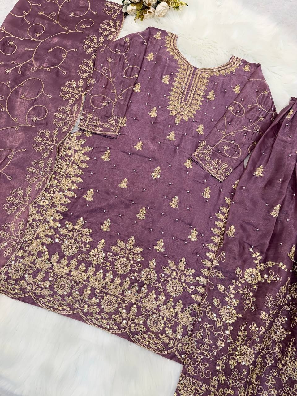 Presenting Designer Dusty Pink Pure Silk Top Palazzo With Wedding Wear