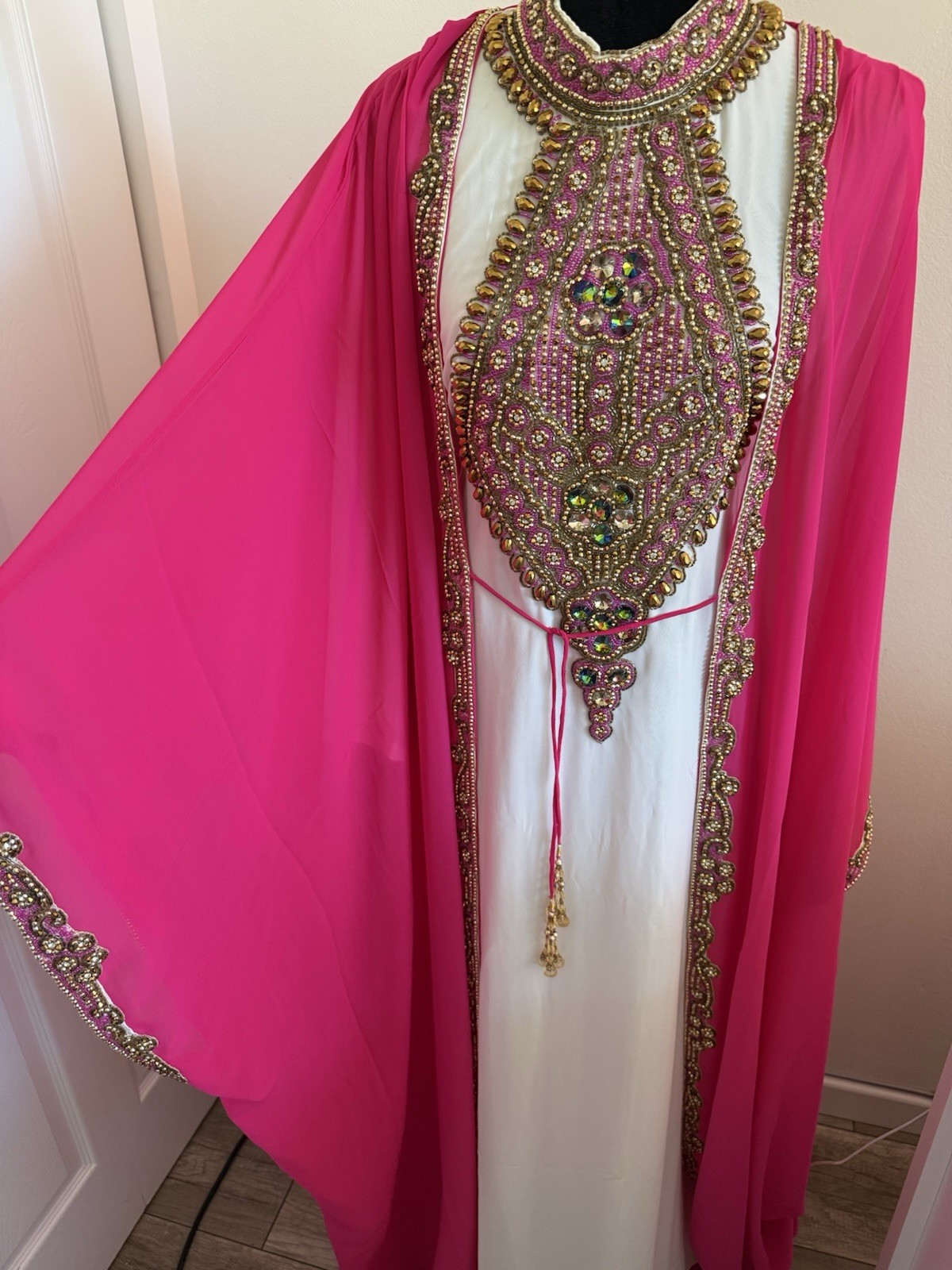 Women’s Pink White Gold Chiffon Kaftan Moroccan Dubai Abay maxi dress SizeM