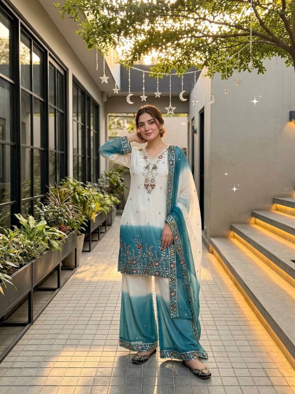 New Presenting Star Georgette White Top Palazzo With Dupatta for Function Wear