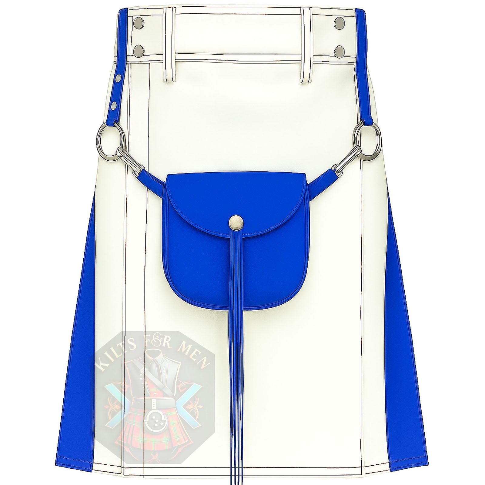 White & Royal Blue Leather Utility Kilt – Modern Two-Tone Fashion Kilt