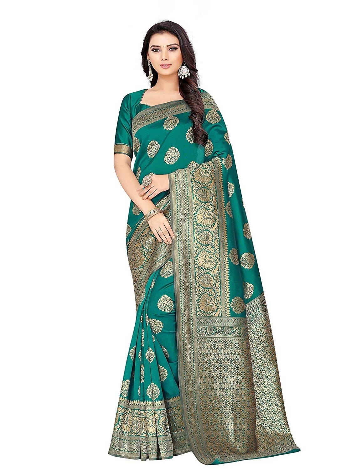 kanchipuram Silk Blend Jacquard Woven Golden Zari Butta Saree With Blouse Piece