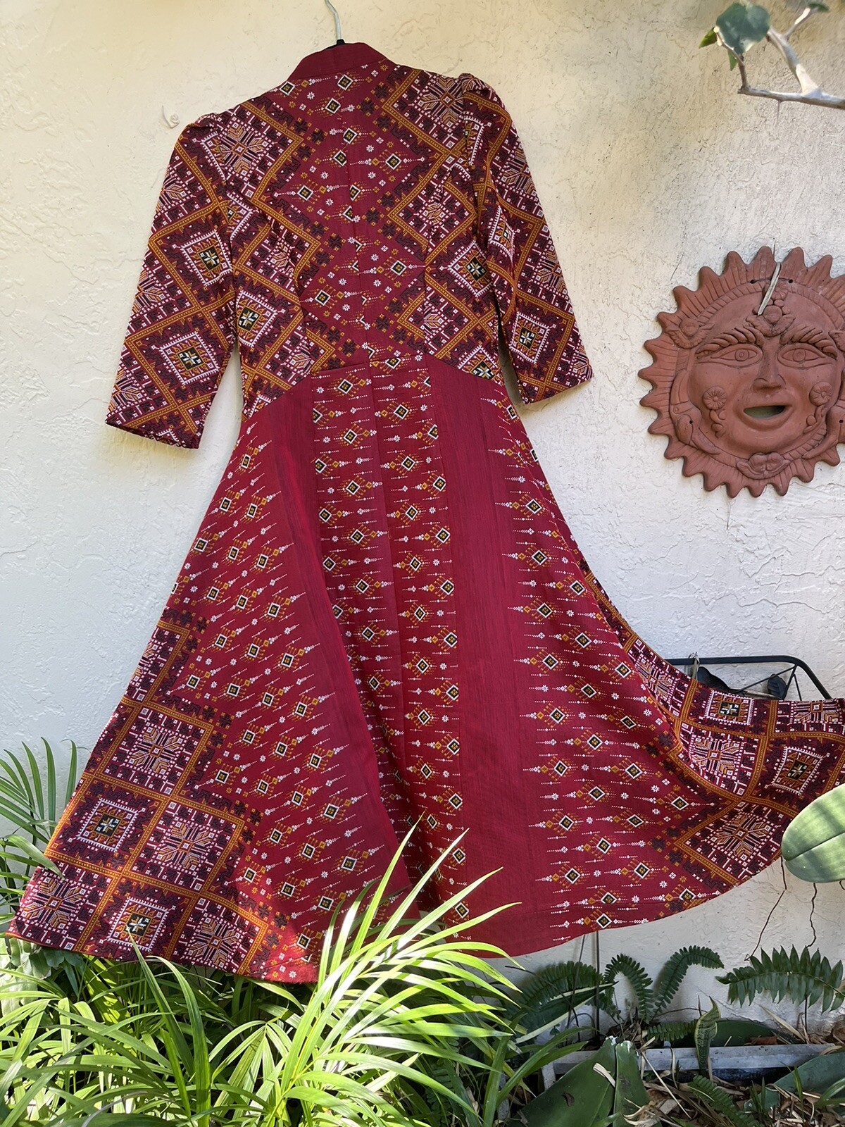Bohemian VTG Red Handwoven Dress Praewa Silk Fabric Button-Front Maxi Thailand S
