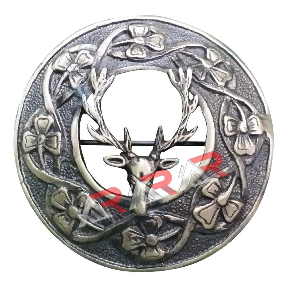 Scottish Stag Head Brooch Fly Plaid Kilt Highland Brooches Antique Finish 3″ AAR