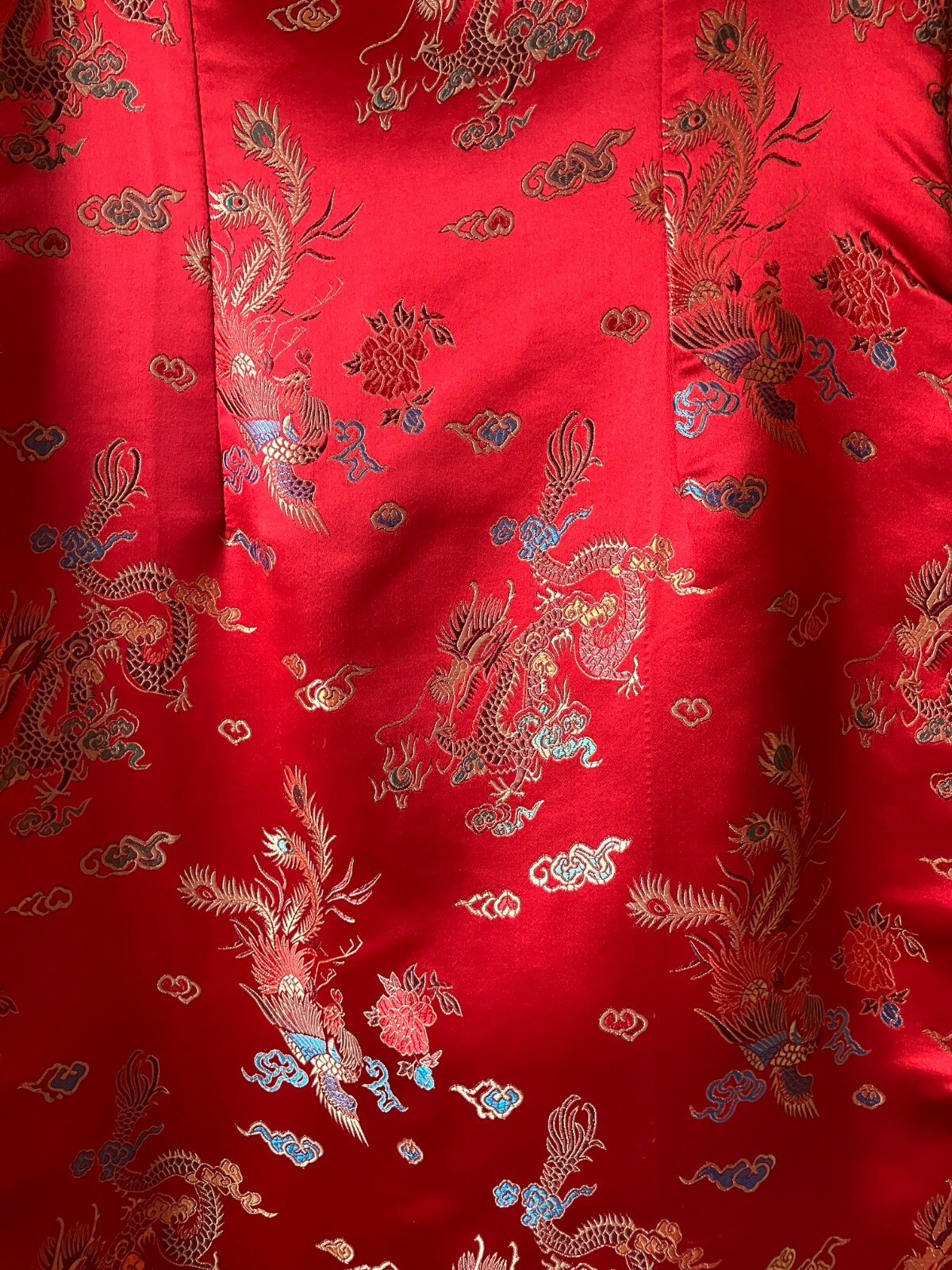 Red Cheongsam Chinese Party Dress Long Dragon Pheonix Motif-Very Good Condition