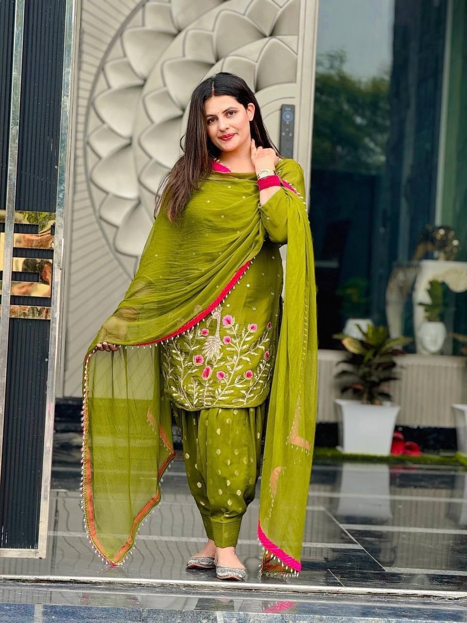 Heavy Faux Georgette Olive Green Top Dhoti With Dupatta For Indian Party Wear