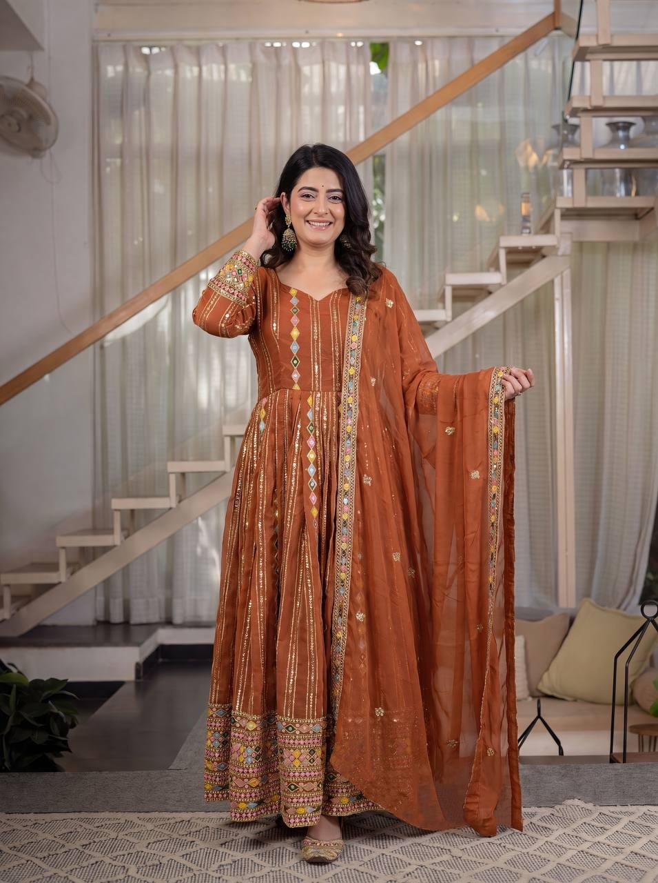 Designer Faux Georgette Rust Orange Gown Bottom With Dupatta For Reception