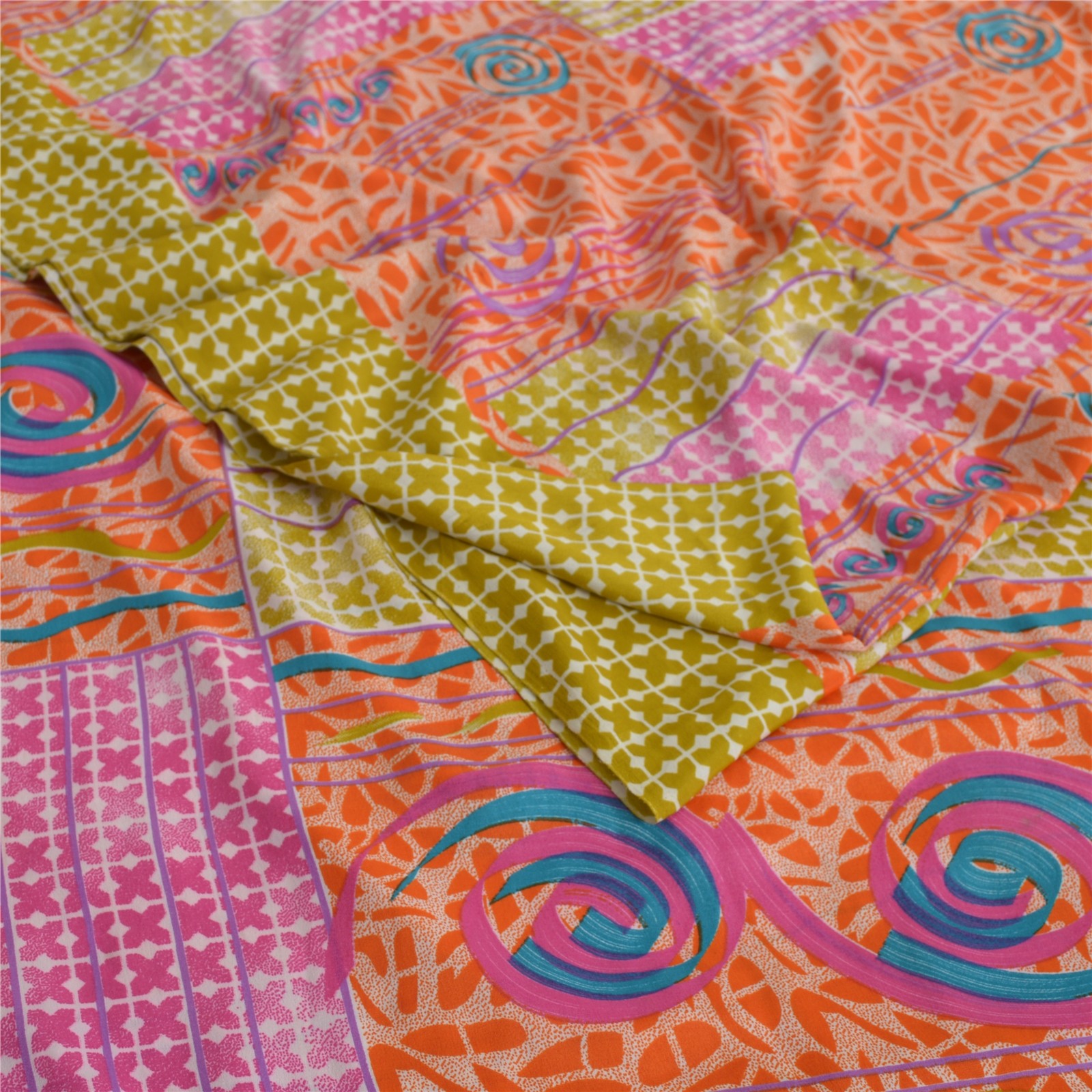 Sanskriti Vintage Indian Sarees Blend Crepe Printed Sari Craft 5 Yard Fabric