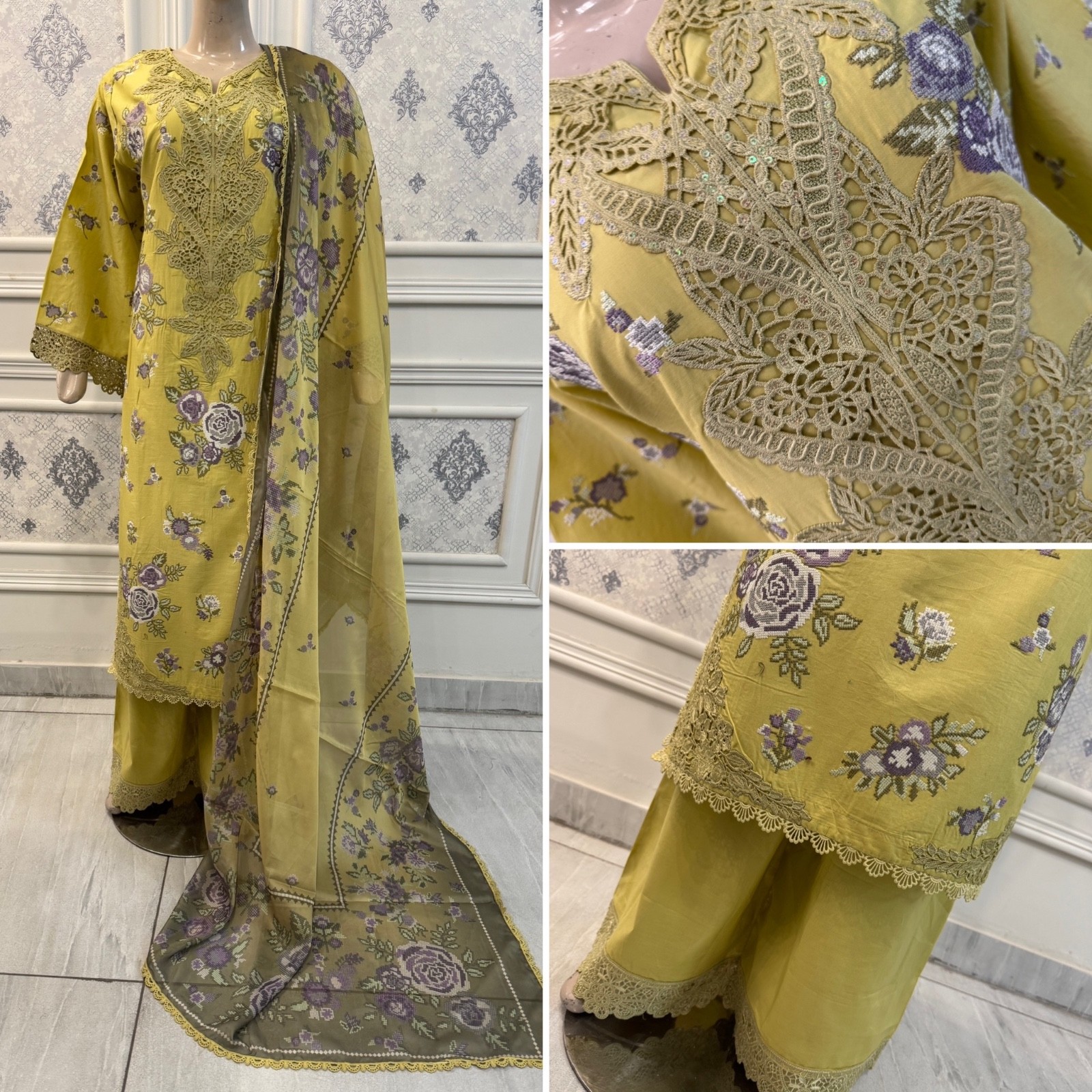 Pakistani Yellow luxury cotton/Lawn straight Shirt 3PCS embroidered dress ,L