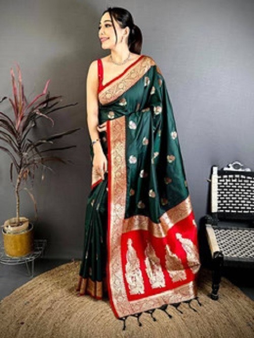 Women Saree Soft Banarasi Silk Gadwal Pattu Dark Green Zari Border With Blouse