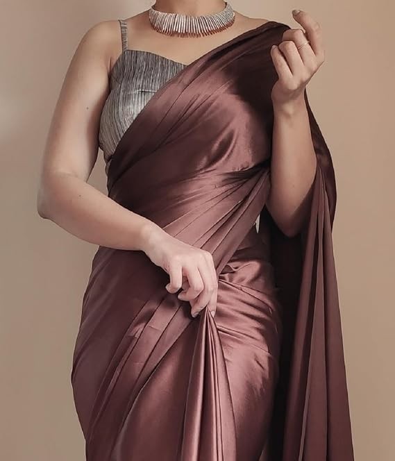 Women Ready to Wear Satin Silk 1 Minute Pre Pleated Heavy Saree Brown Color AN4