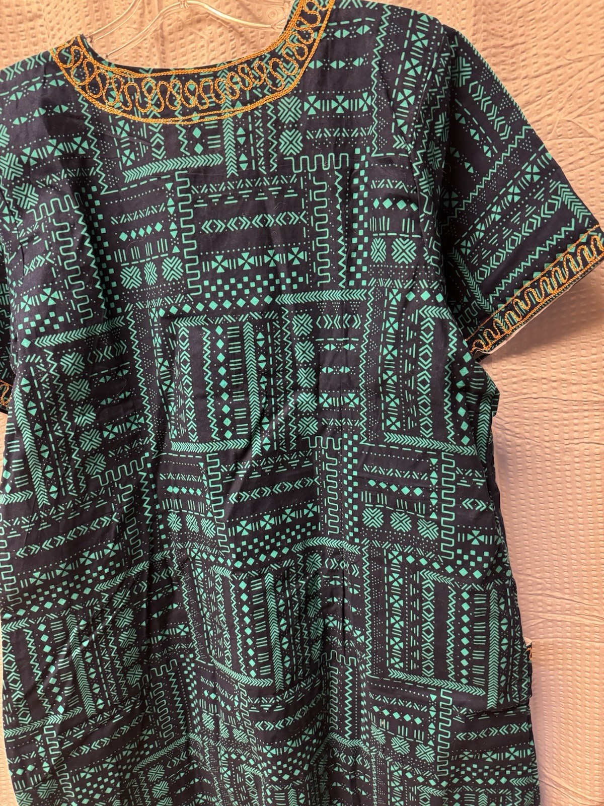 African Dashiki Style Tunic Dress Teal Blue Gold Embroidery Long Kaftan New L/XL