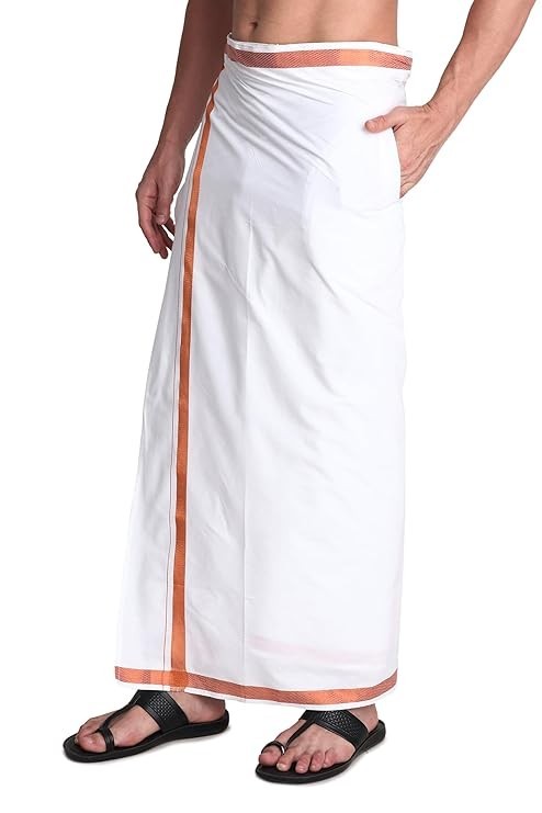Pure Cotton White With Gold Jari Lungi in Size 2 Mtrs Single Lungi- Pack Of 1