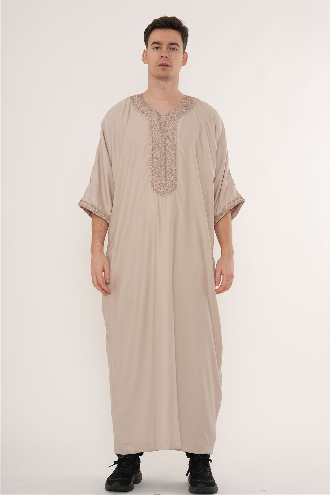 Men’s Salmon Moroccan Thobe Half Sleeve Embroidery Kaftan Eid Ramadan