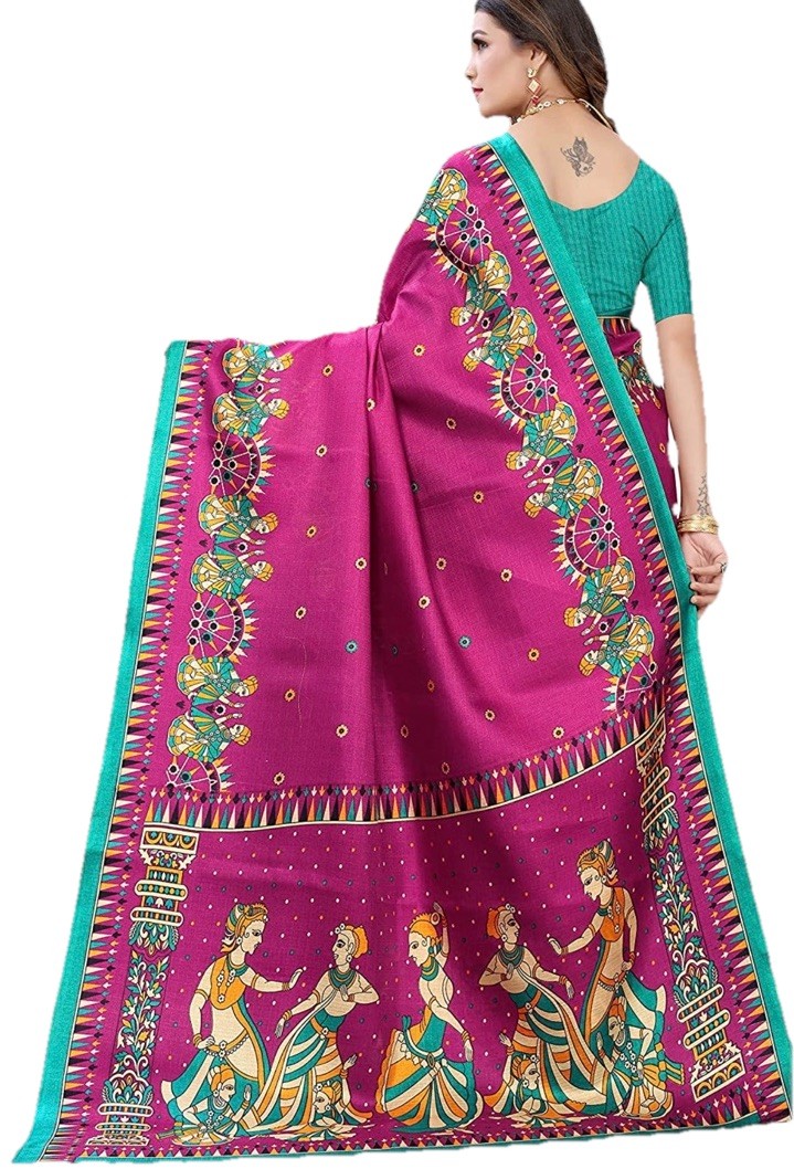 Madhubani Kalamkari figure NWT purple teal Pallu ART silk Sari W/ BLOUSE fabric