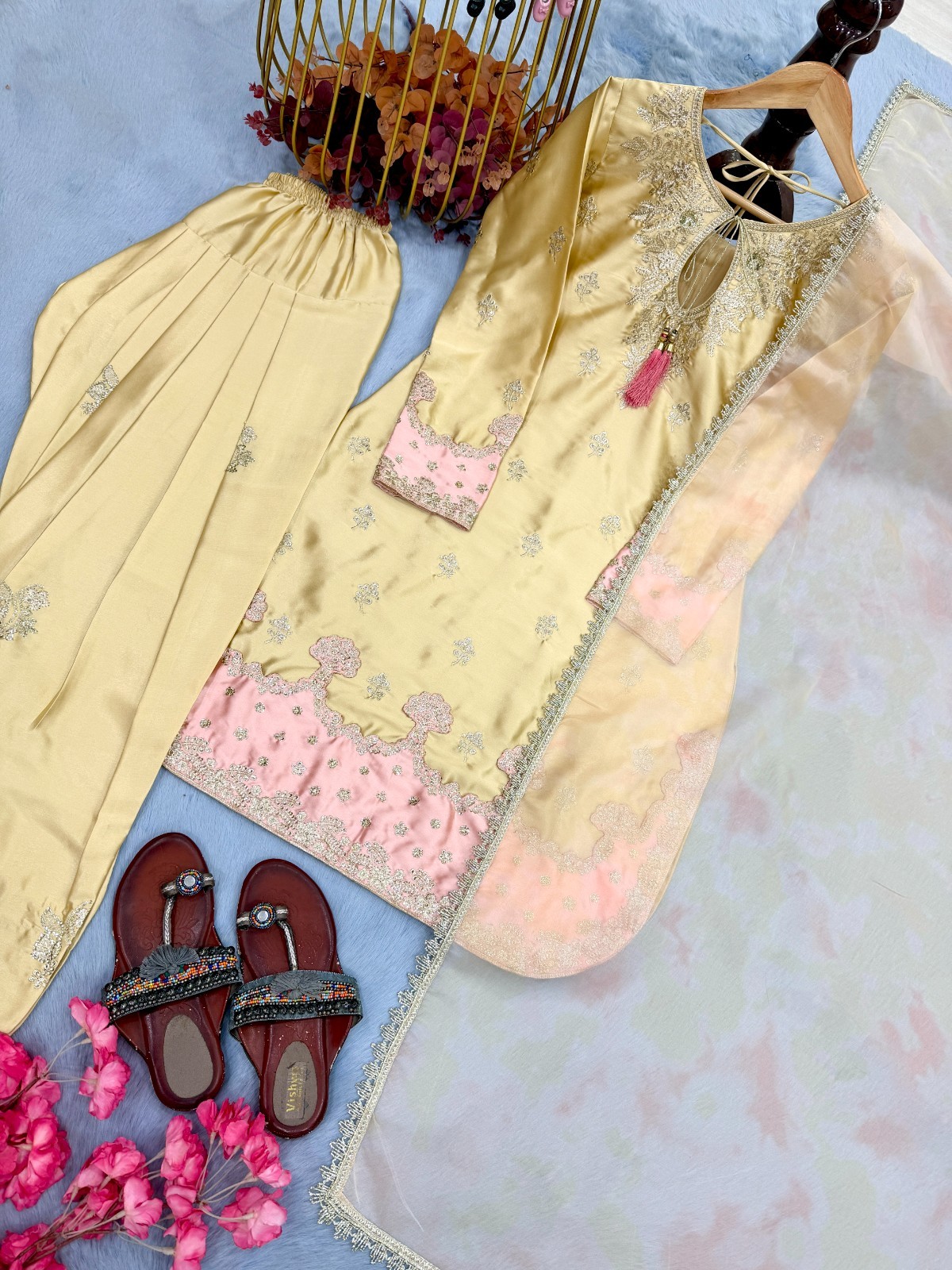 Embroidered satin farshi shalwar suit with dupatta set for women festive wear