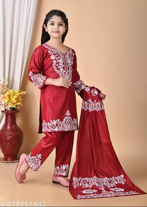 Girls Festive & Party Kurta, Beautiful Printing Kurti Pant Dupatta Set For Girl