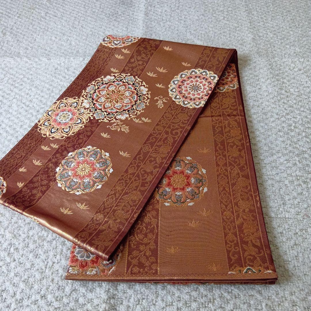Japanese Silk Fukuro Obi Brown Floral Geometric Pattern 448 x 31 cm