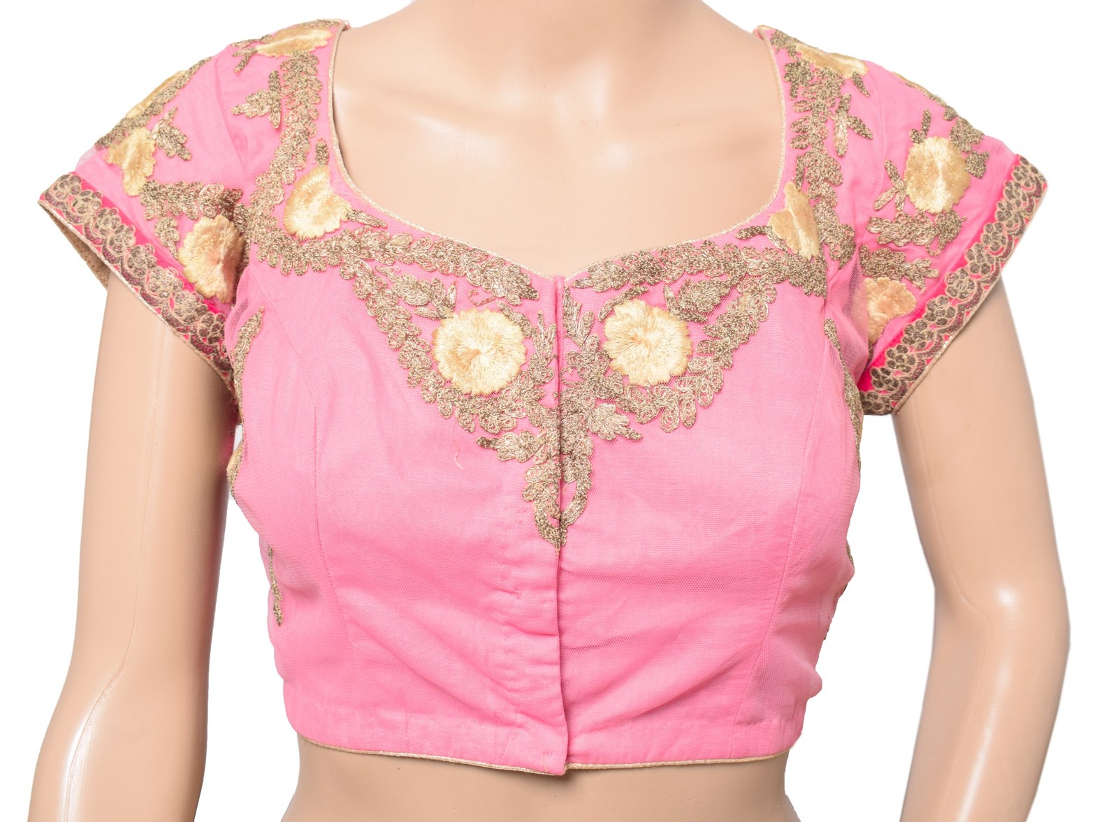 Sushila Vintage Floral Embroidered Sari Blouse Pink Net Mesh Designer Choli 38″