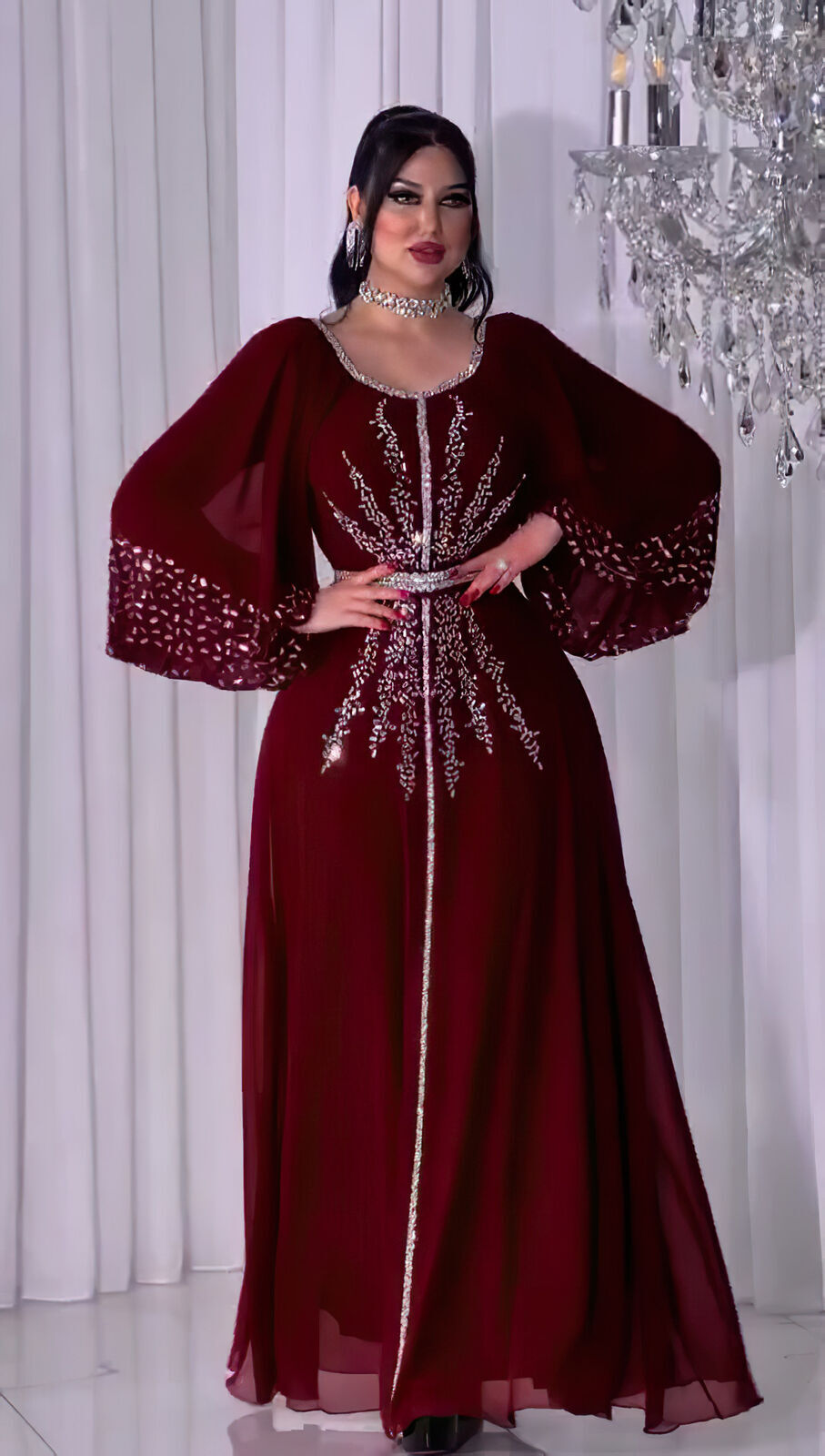 Women Fashion Dress Hot Drill Sequin Gown Chiffon with Belt Muslim Dubai Burqa