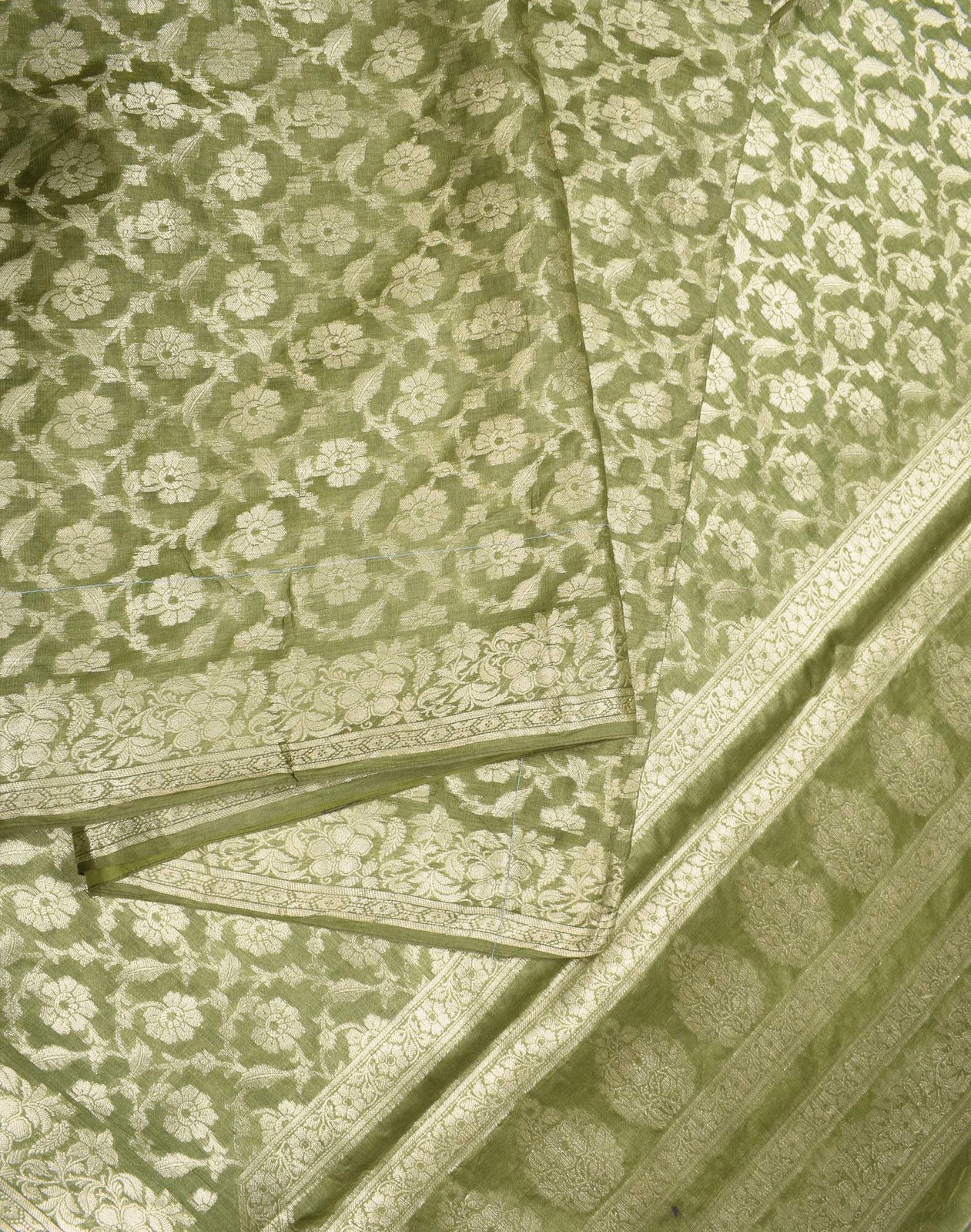 Sushila Vintage Zari Woven Green Saree Pure Tussar Silk Floral Sari Craft Fabric