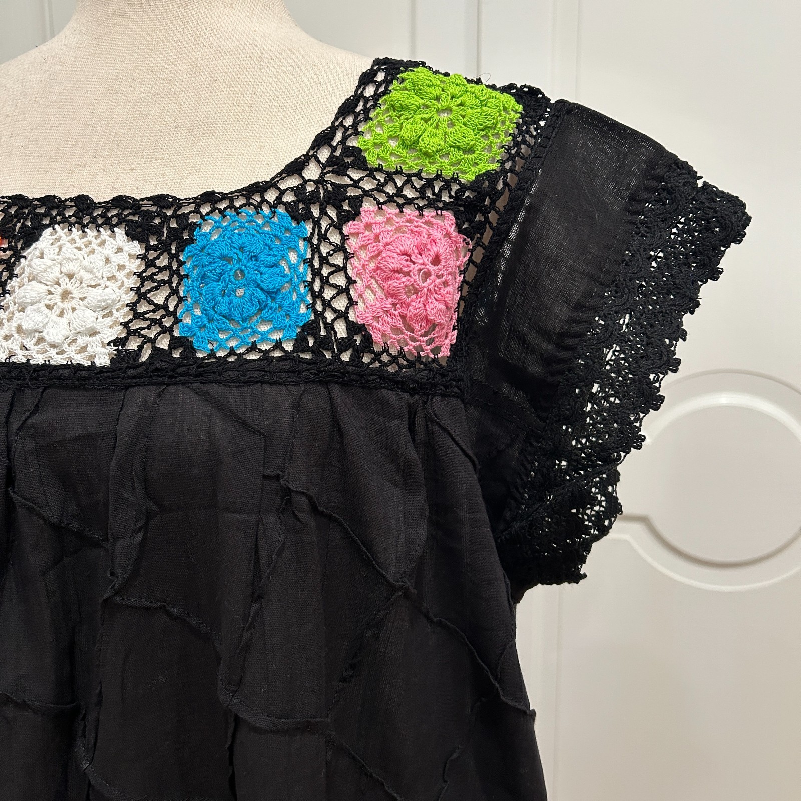 Artisanal Mexican Women’s Summer dress made with cotton manta and crochet work,