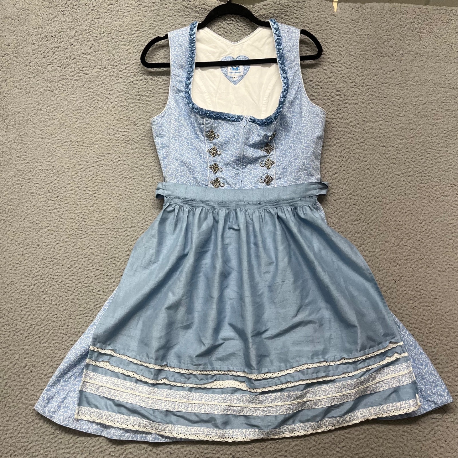 Spieth & Wensky Dirndle Dress Womens 42 Blue Apron Octoberfest Germany Ruffle