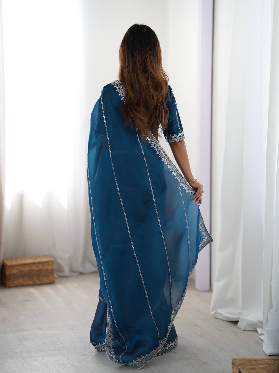 Blue Saree With Unstitch Blouse Piece Sequins Border Drape Set For Women